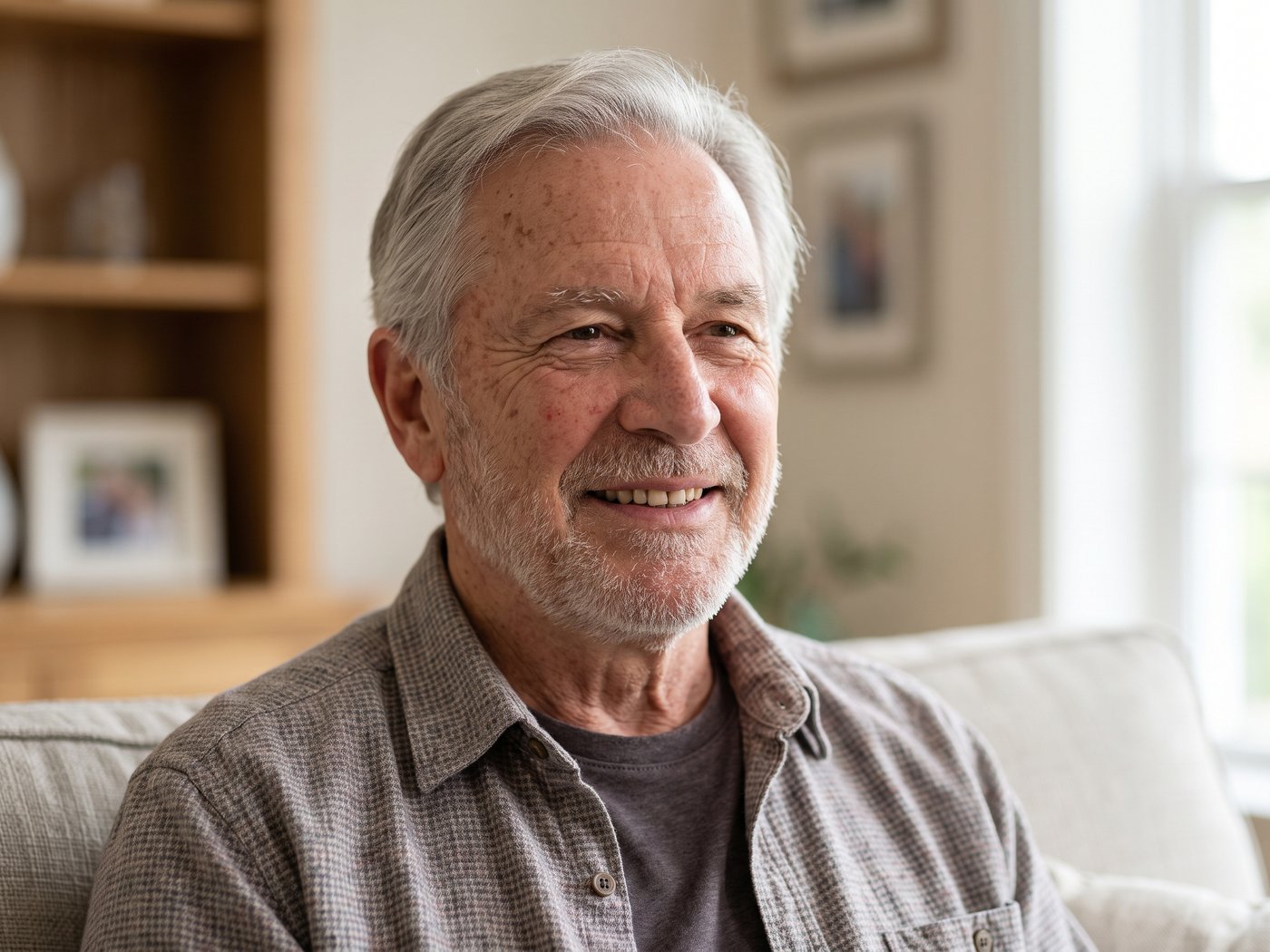A smiling senior patient of Serenity Dental in Beaumont, AB