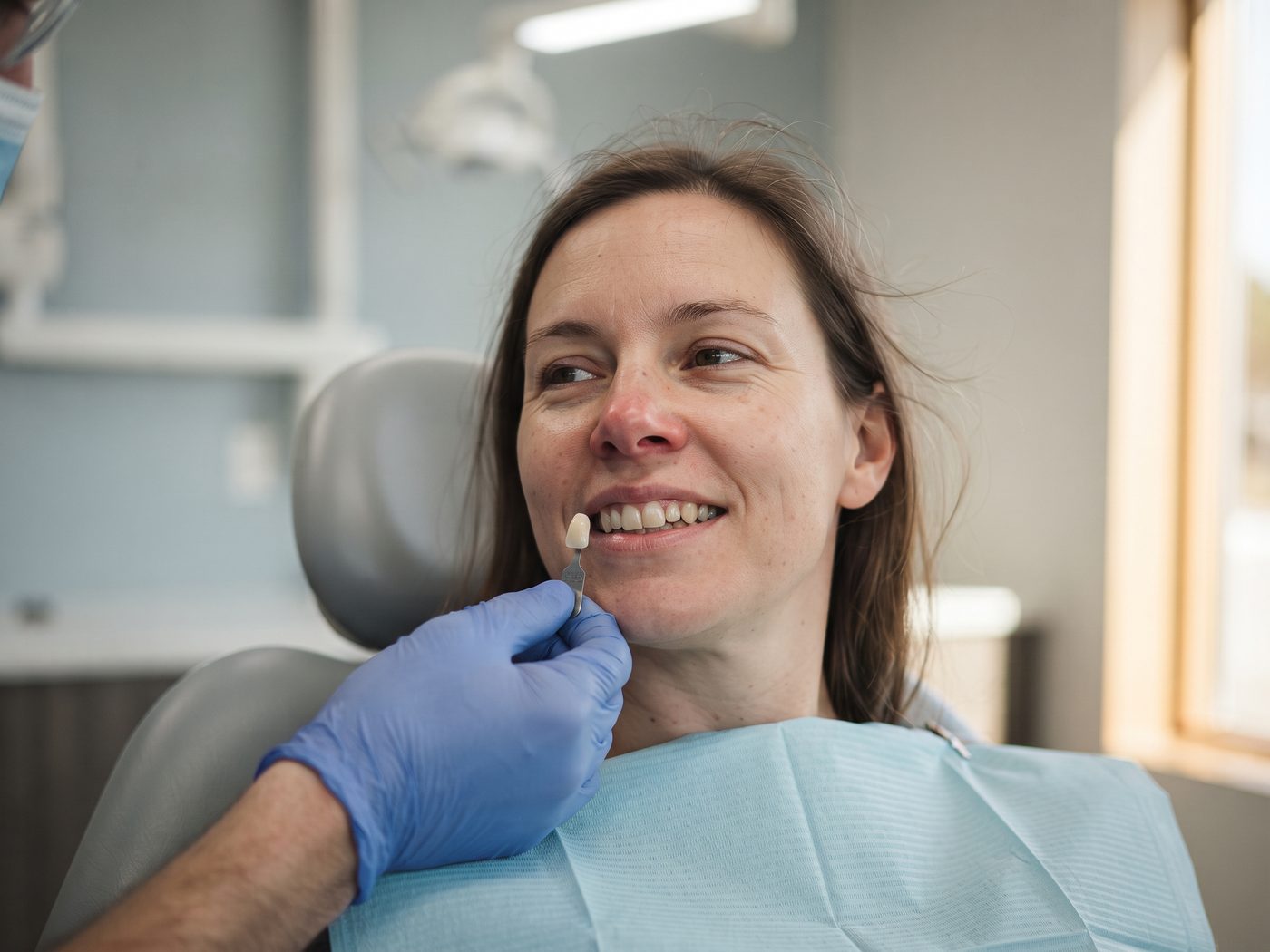Matching a composite shade to a patient's teeth at Serenity Dental in Beaumont, AB
